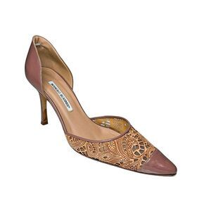 Manolo Blahnik Flesh Patent Laser Cut D'Orsay Pump 3.5" Heel Pointed Toe EU 39.5